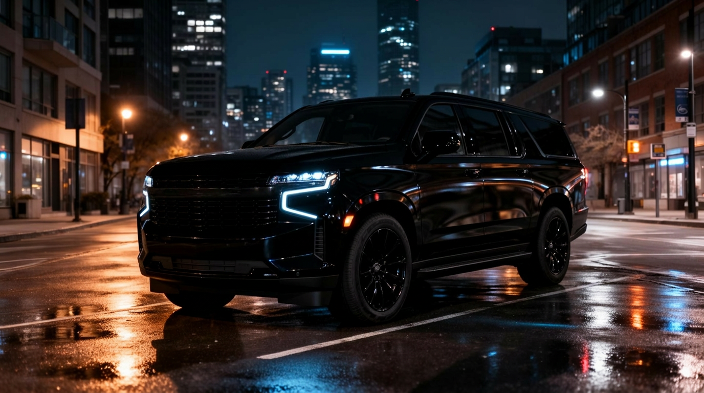 Matte black 2026 Chevrolet Suburban on wet Toronto streets at night